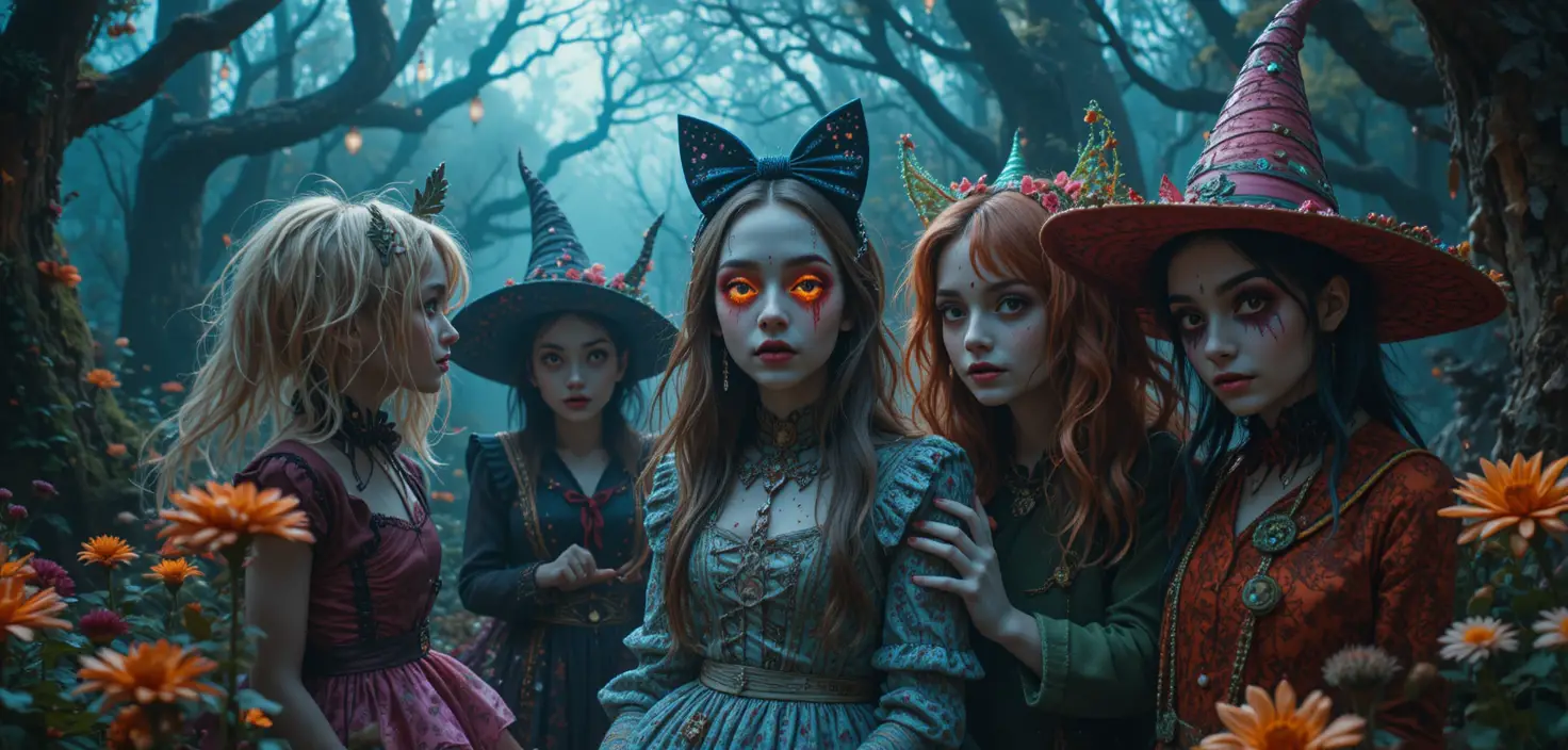 Stravaganti personaggi fantasy in una vivace scena da paese delle meraviglie