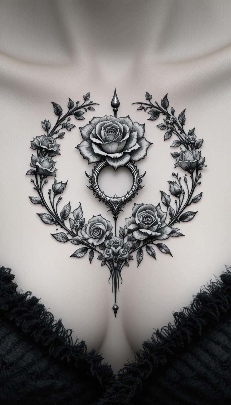 Stylized black and white floral tattoo around nipple ring