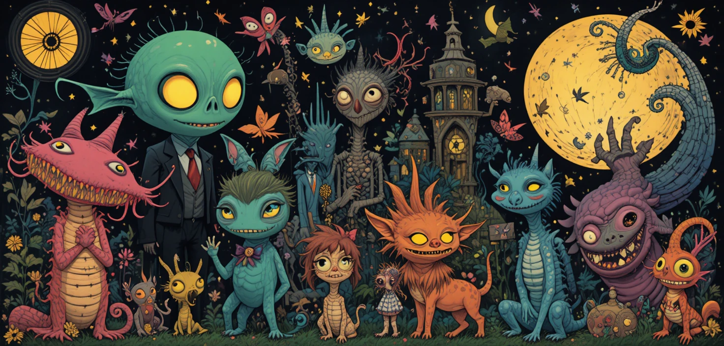 Whimsical fantasy characters in bold retro graphic style
