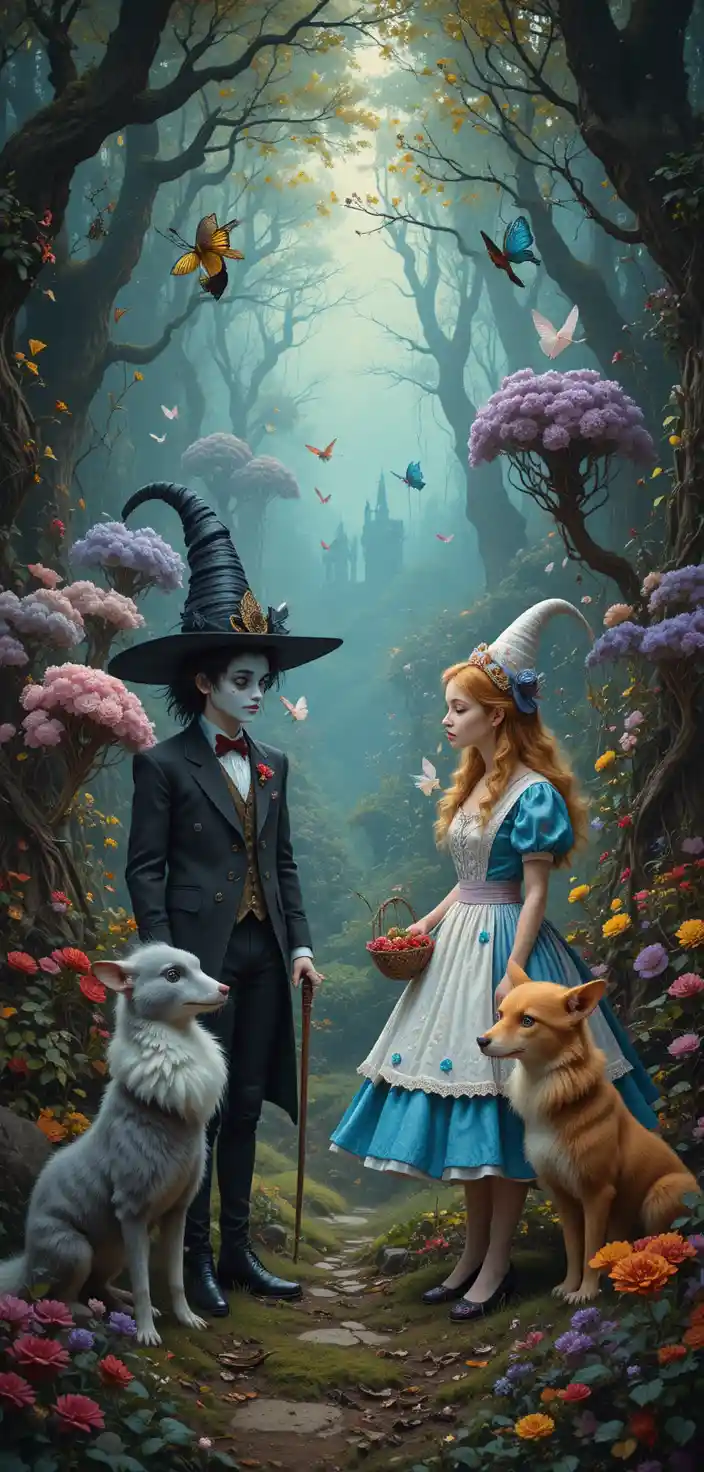Verspielte 80er-Fantasy-Charaktere in einem farbenfrohen Wunderland