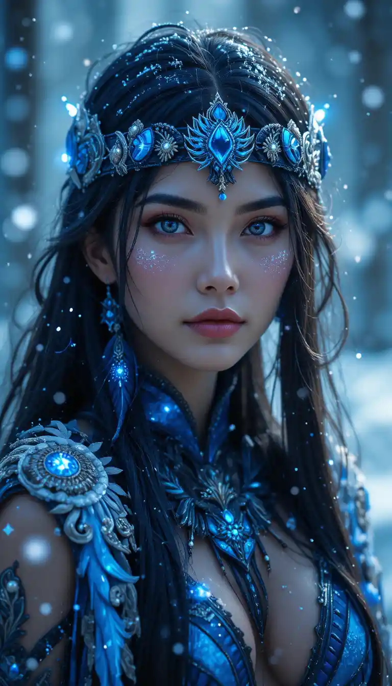 Cazadora nativa con atuendo tribal luminoso en una noche nevada