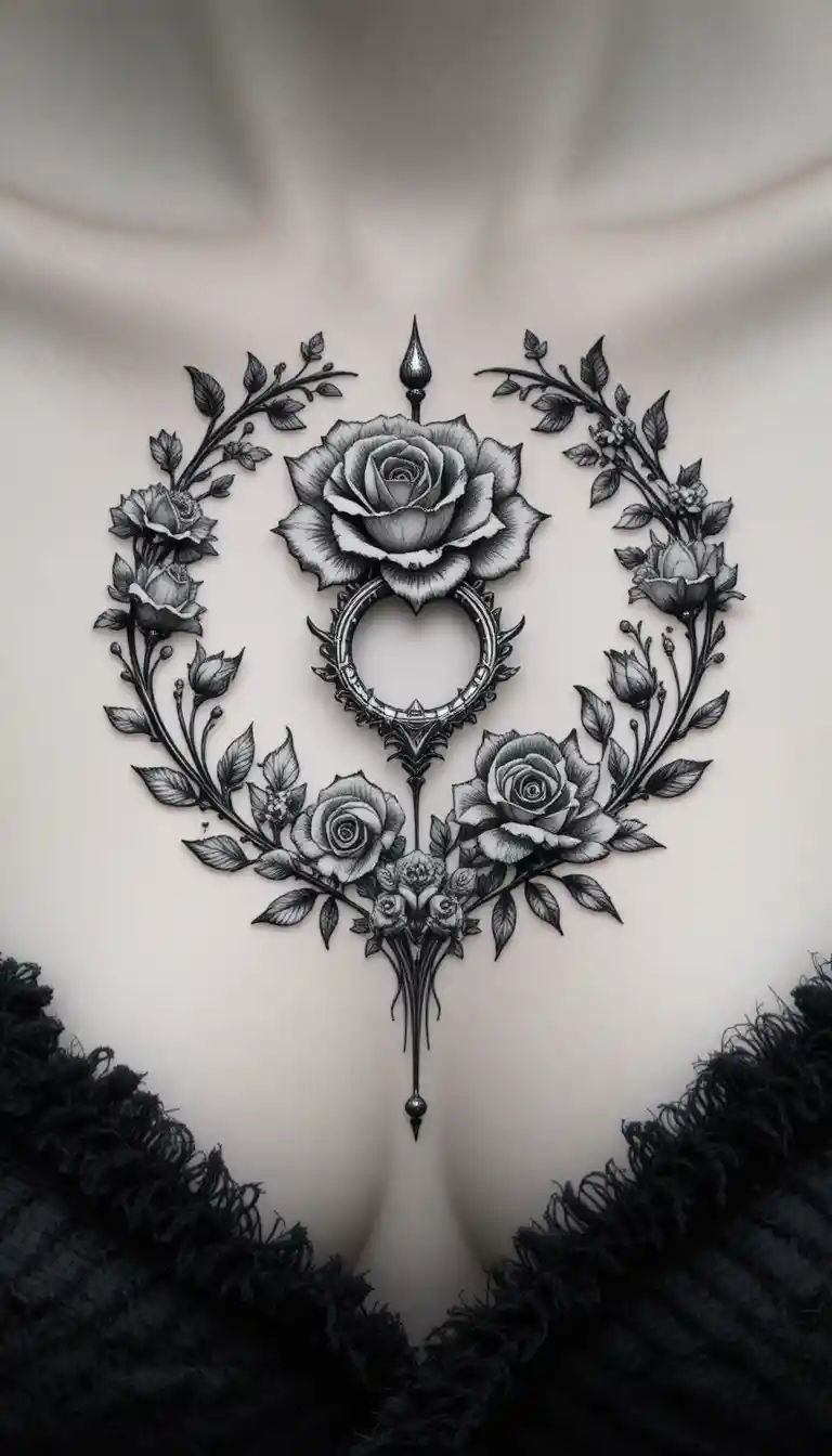 Stylized black and white floral tattoo around nipple ring