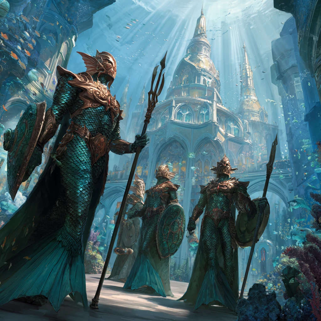 Elite merfolk guards before a vast underwater city