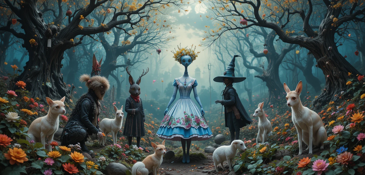알록달록한 레트로 세계의 기 whimsical 한 80년대 판타지 캐릭터