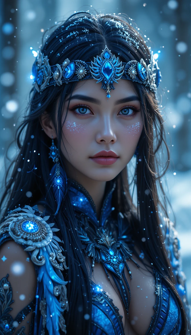 雪の夜に輝く部族衣装をまとったネイティブの女狩人