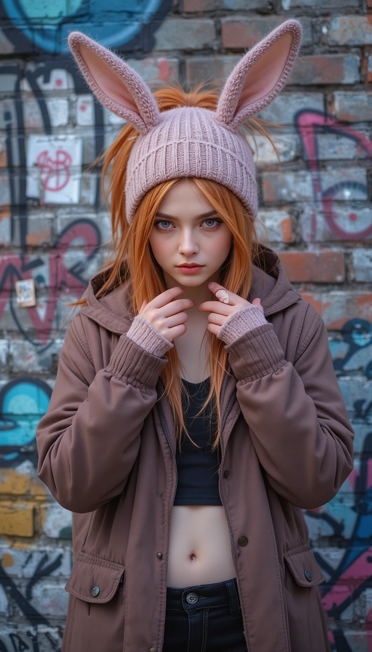 Angry young girl posing in front of brick graffiti wall