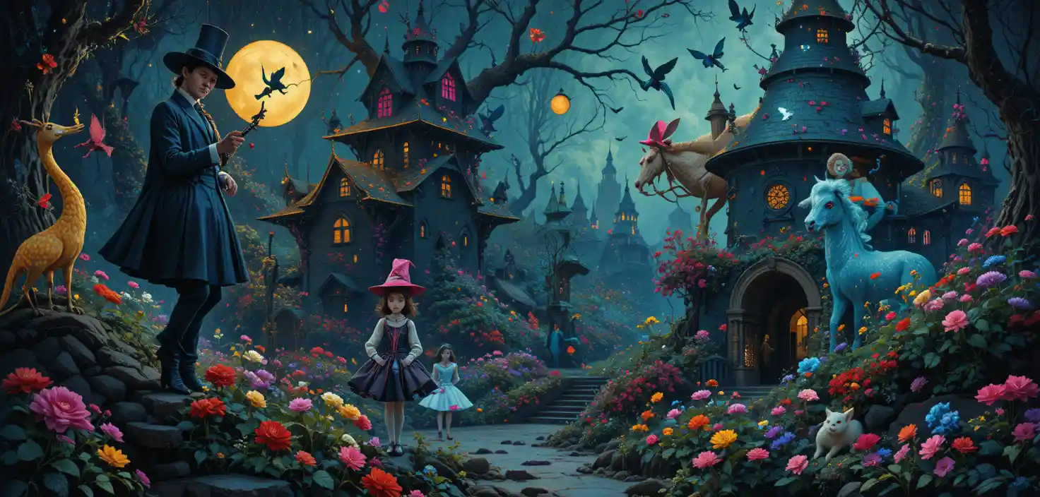 Personagens de fantasia lúdicos em um colorido mundo gráfico encantado