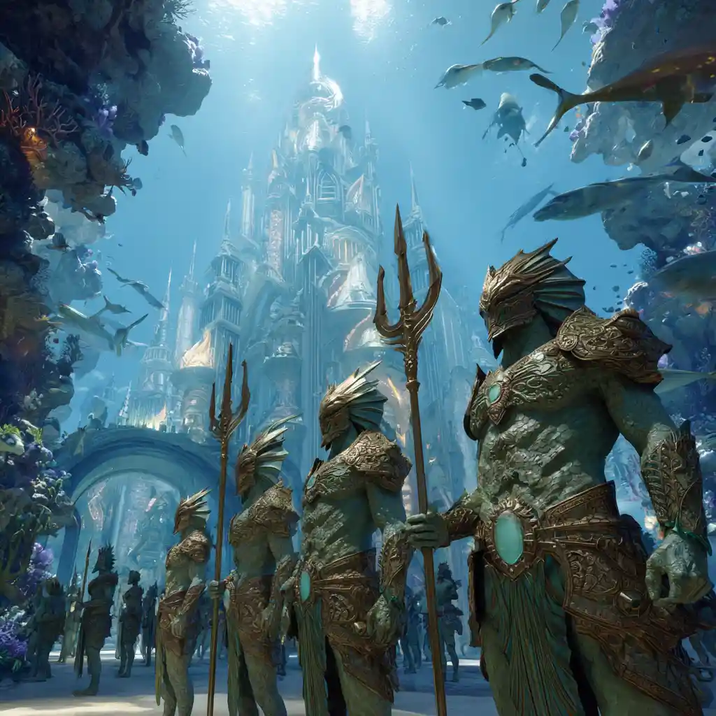 Elite merfolk guards before a majestic underwater city