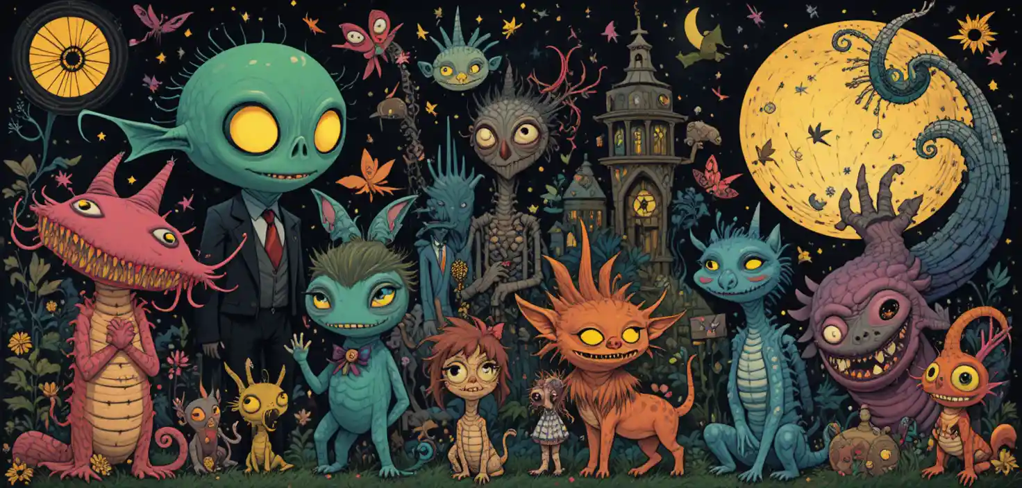 Personnages fantastiques fantasques dans un style graphique rétro audacieux