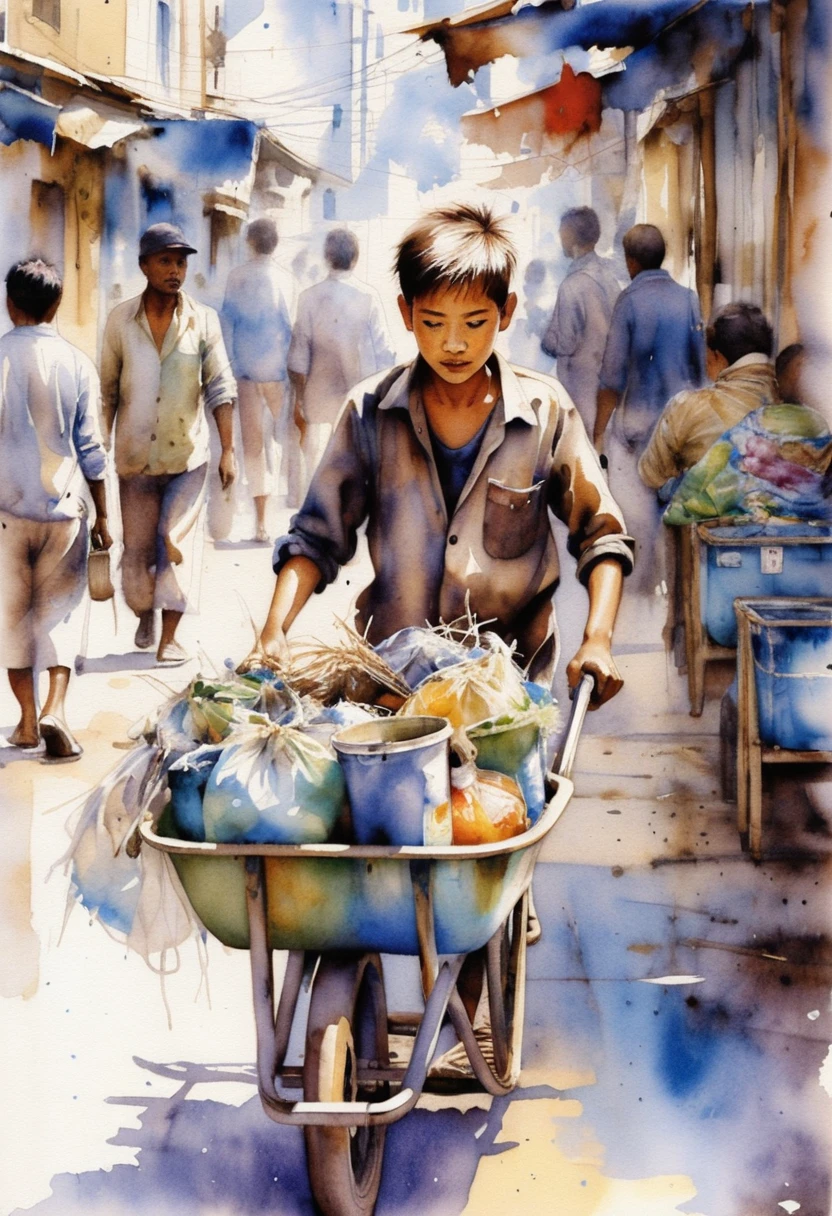 Scène de rue aquarelle avec enfant poussant un chariot chargé