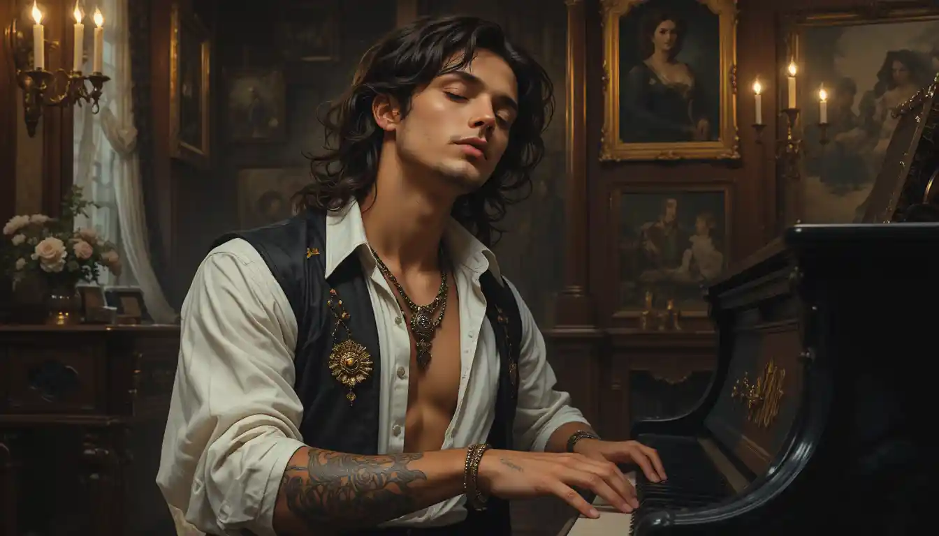 Man In 17th Century Attire Playing Antique Piano