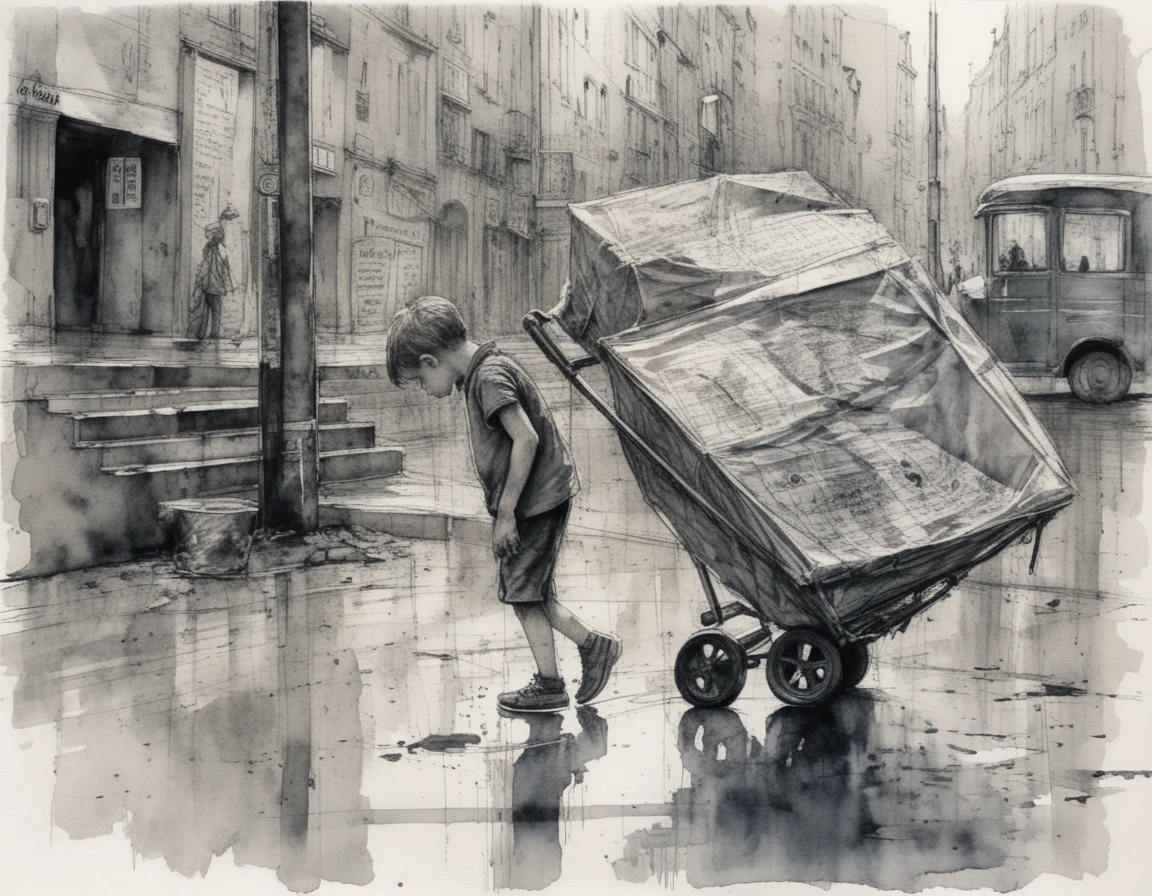 Scène de rue à l’aquarelle avec un enfant poussant un chariot chargé