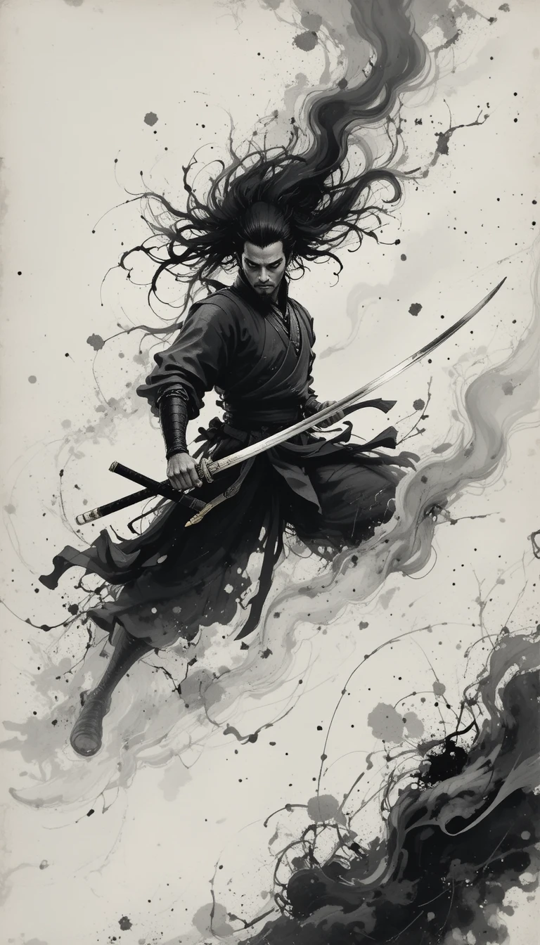 Samurai sacando sua katana em redemoinhos de tinta monocromática