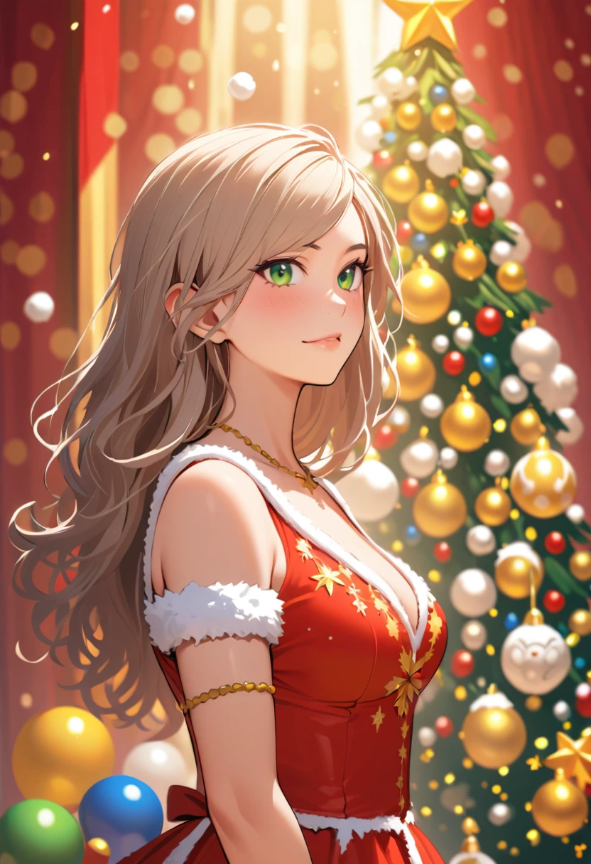 Anime-Frau im roten Weihnachtskleid neben einem leuchtenden Baum