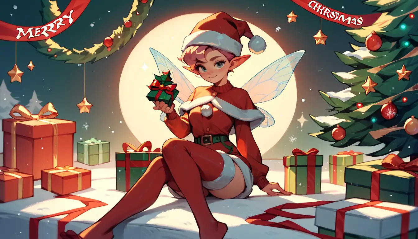 Cute Christmas fairy sitting on festive merry christmas sign