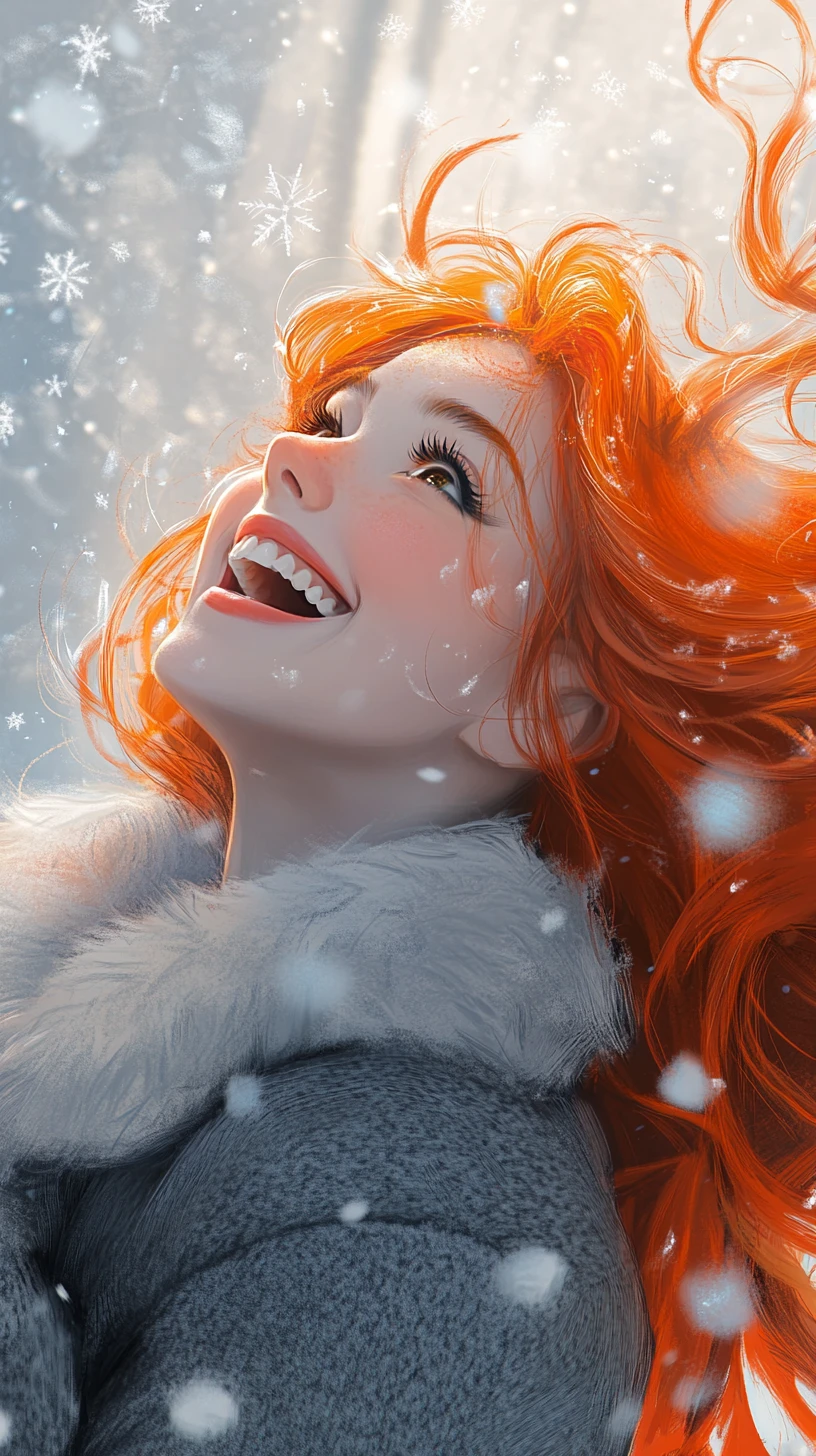 Laughing red haired girl in falling snow close up
