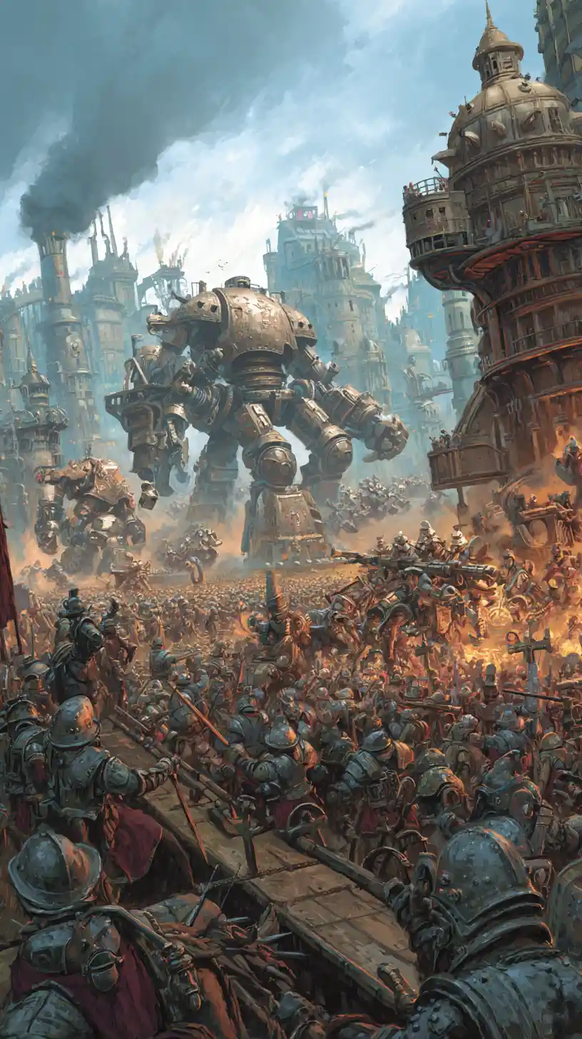 Batalla steampunk con soldados y colosales máquinas de guerra