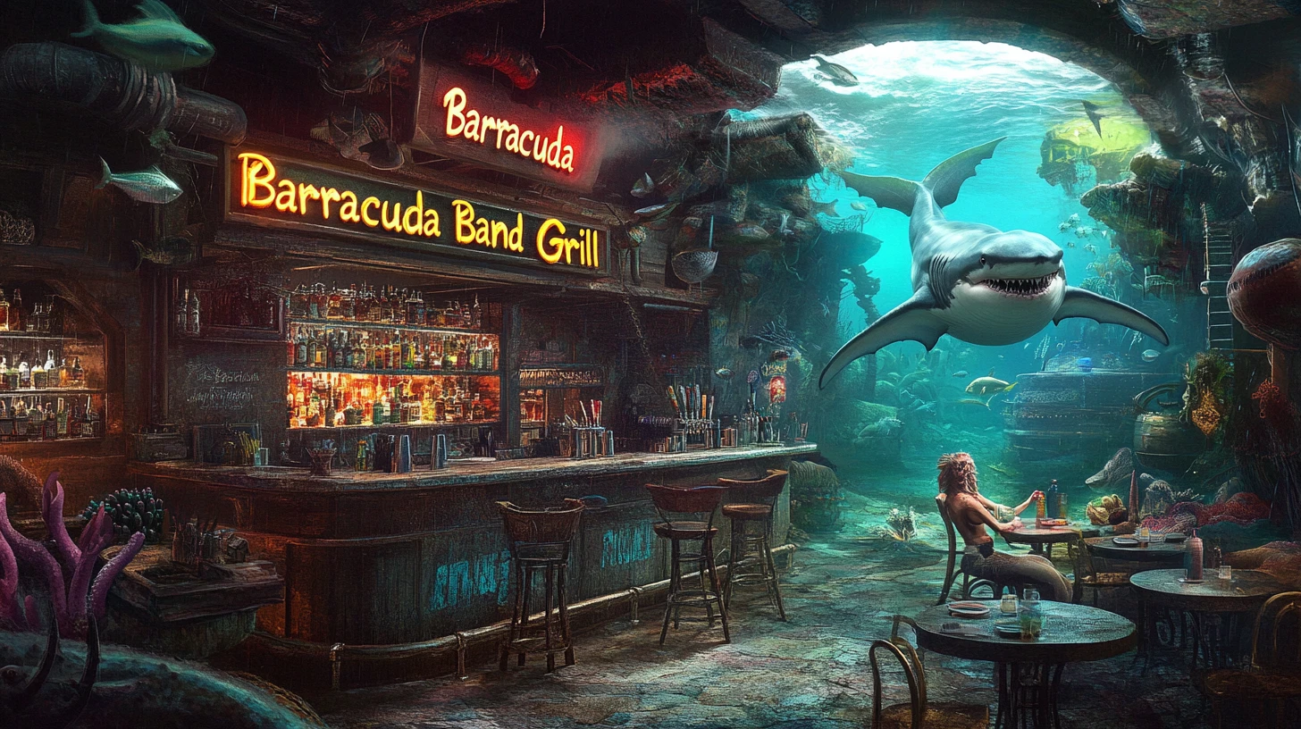Bar rustico sottomarino con cameriera sirena e avventori del mare