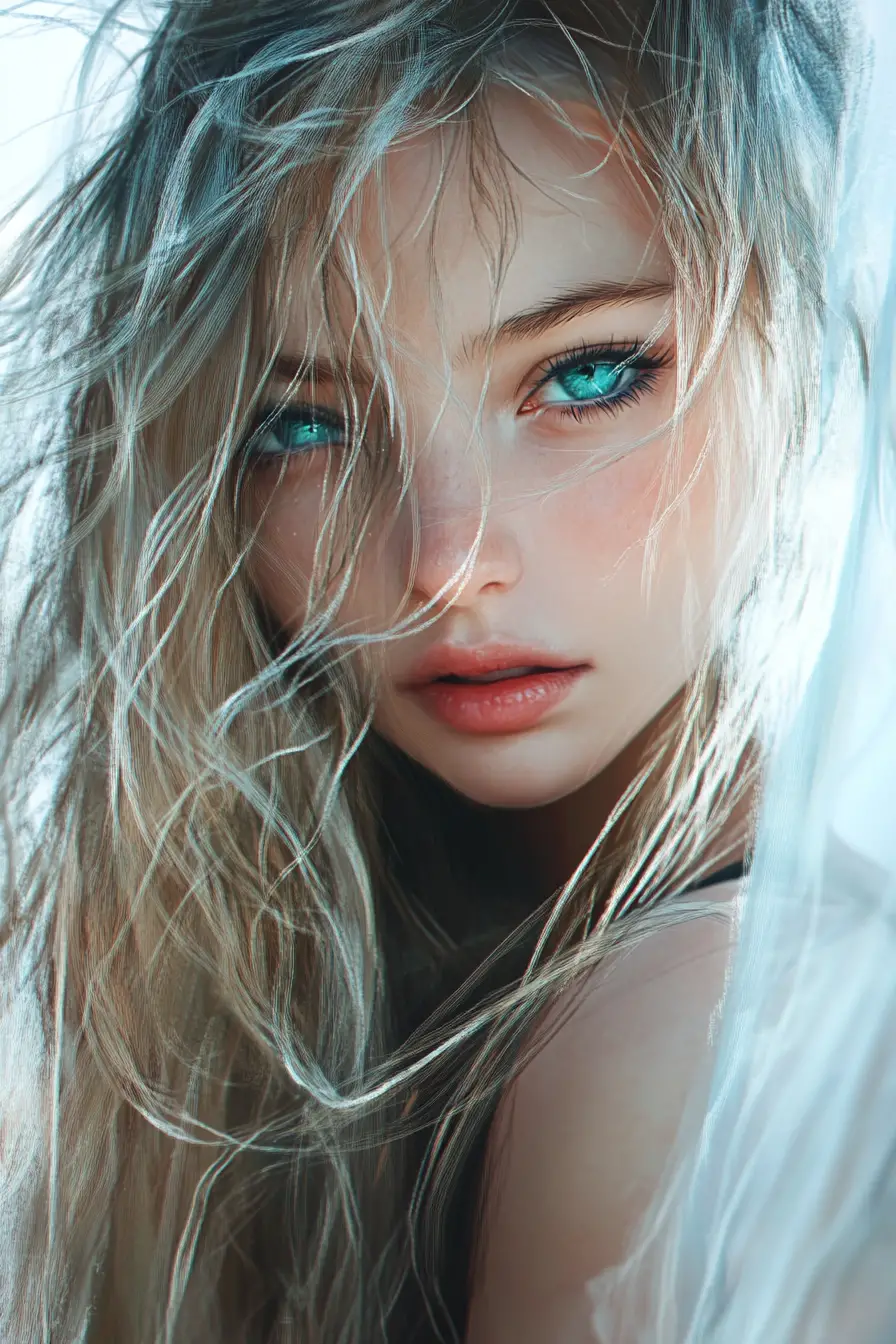 Anime woman peeking from white wall with blue eye