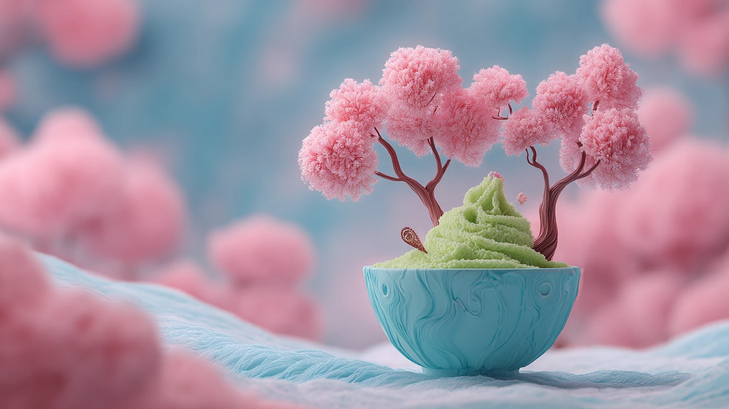 분홍 나무가 있는 기 whimsical 판타지 아이스크림 풍경
