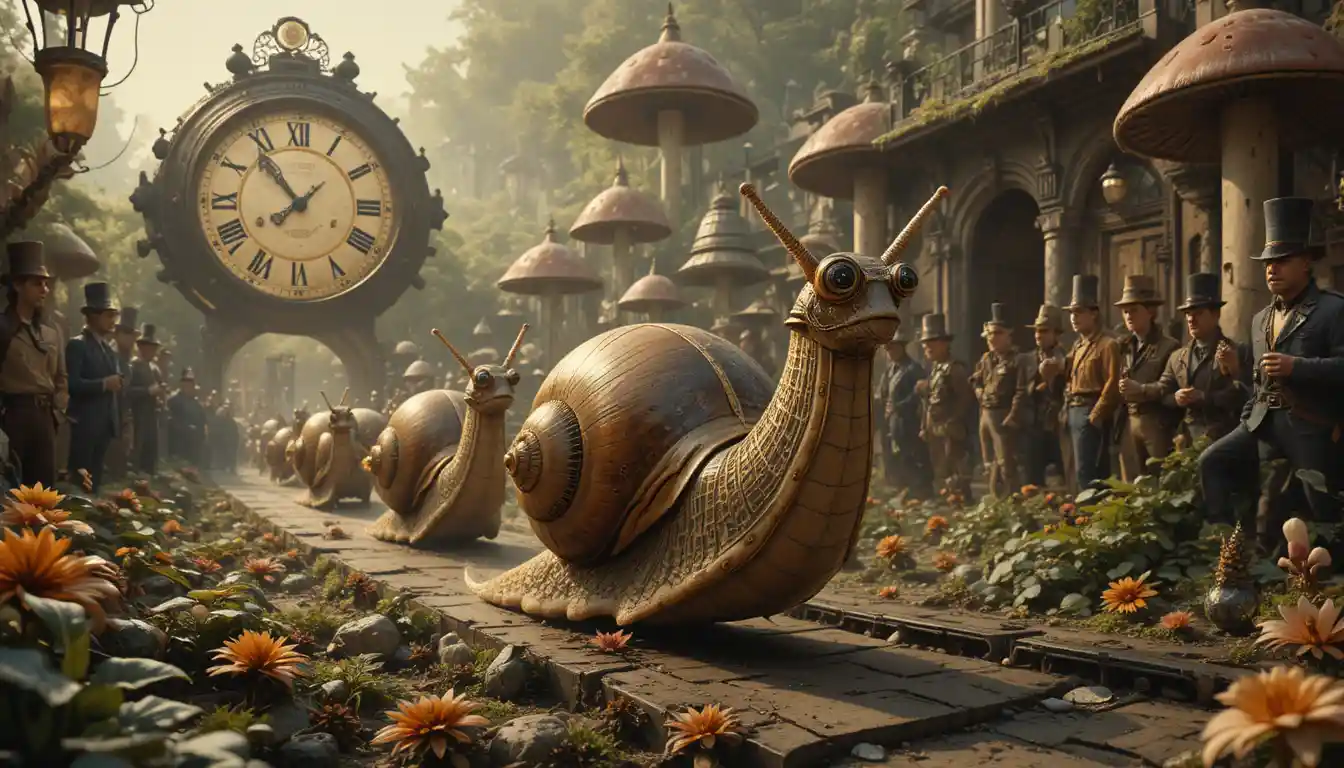 Steampunk snails racing through a whimsical mushroom garden