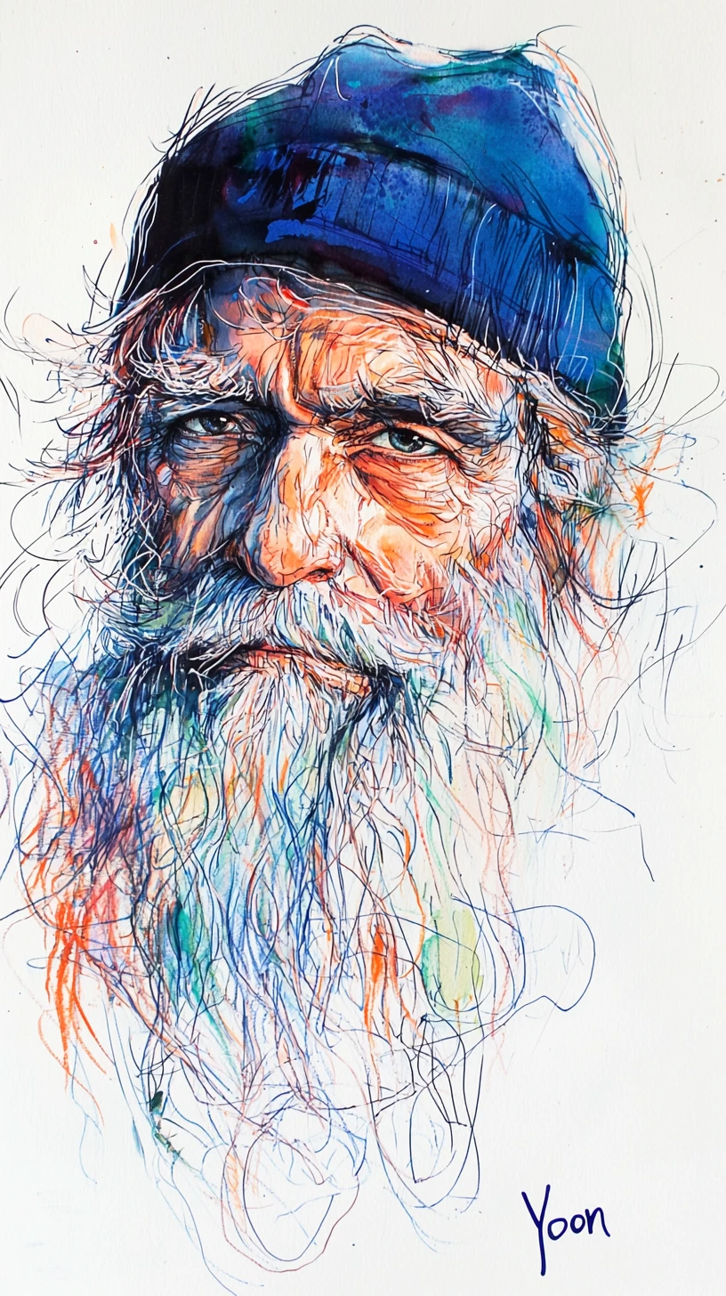 Portrait à l’encre d’un vieil homme barbu avec casquette bleue