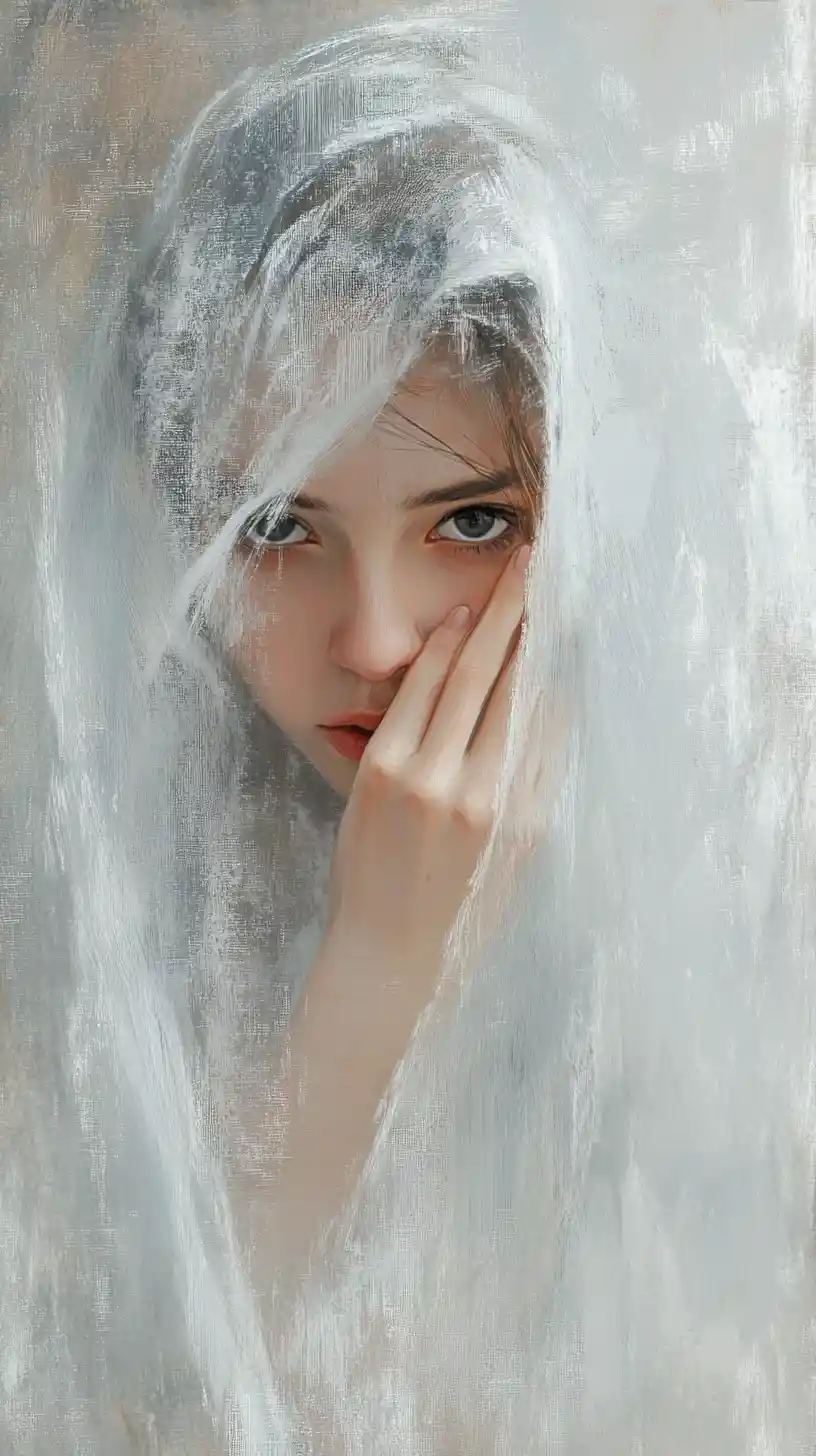 Shy young woman behind flowing white fabric in grayscale