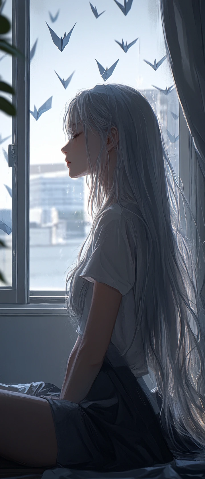 Silver haired anime woman among faded origami cranes