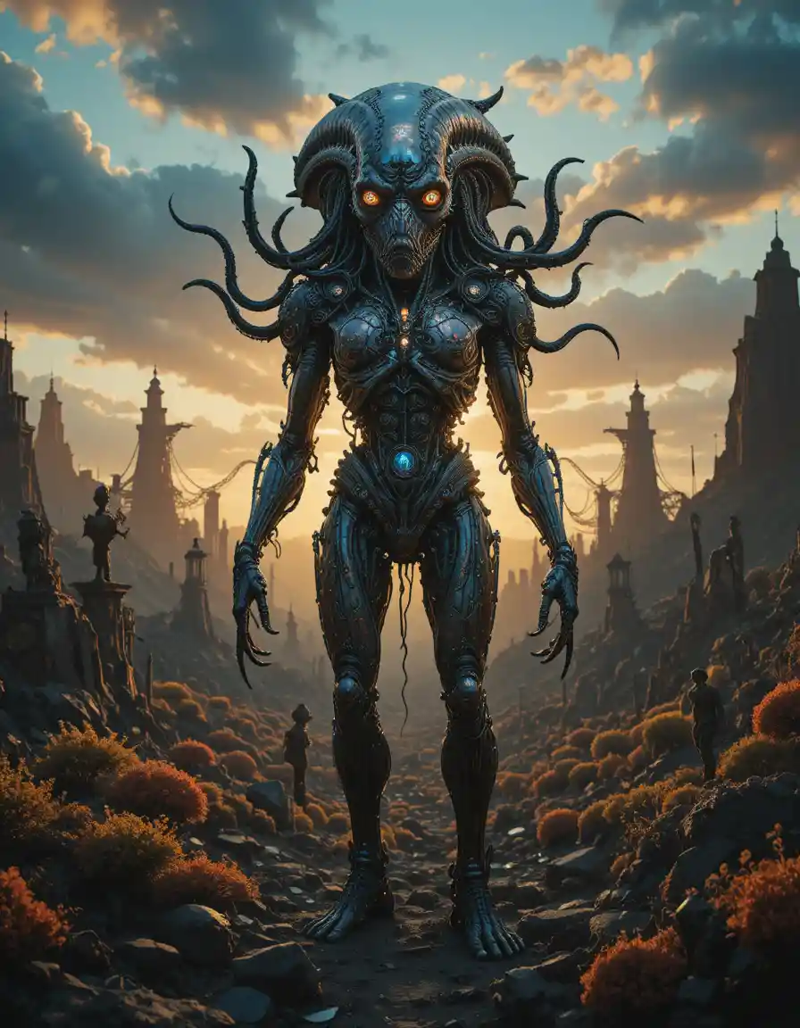 Humanoïde biomécanique dans un paysage post-apocalyptique surréaliste
