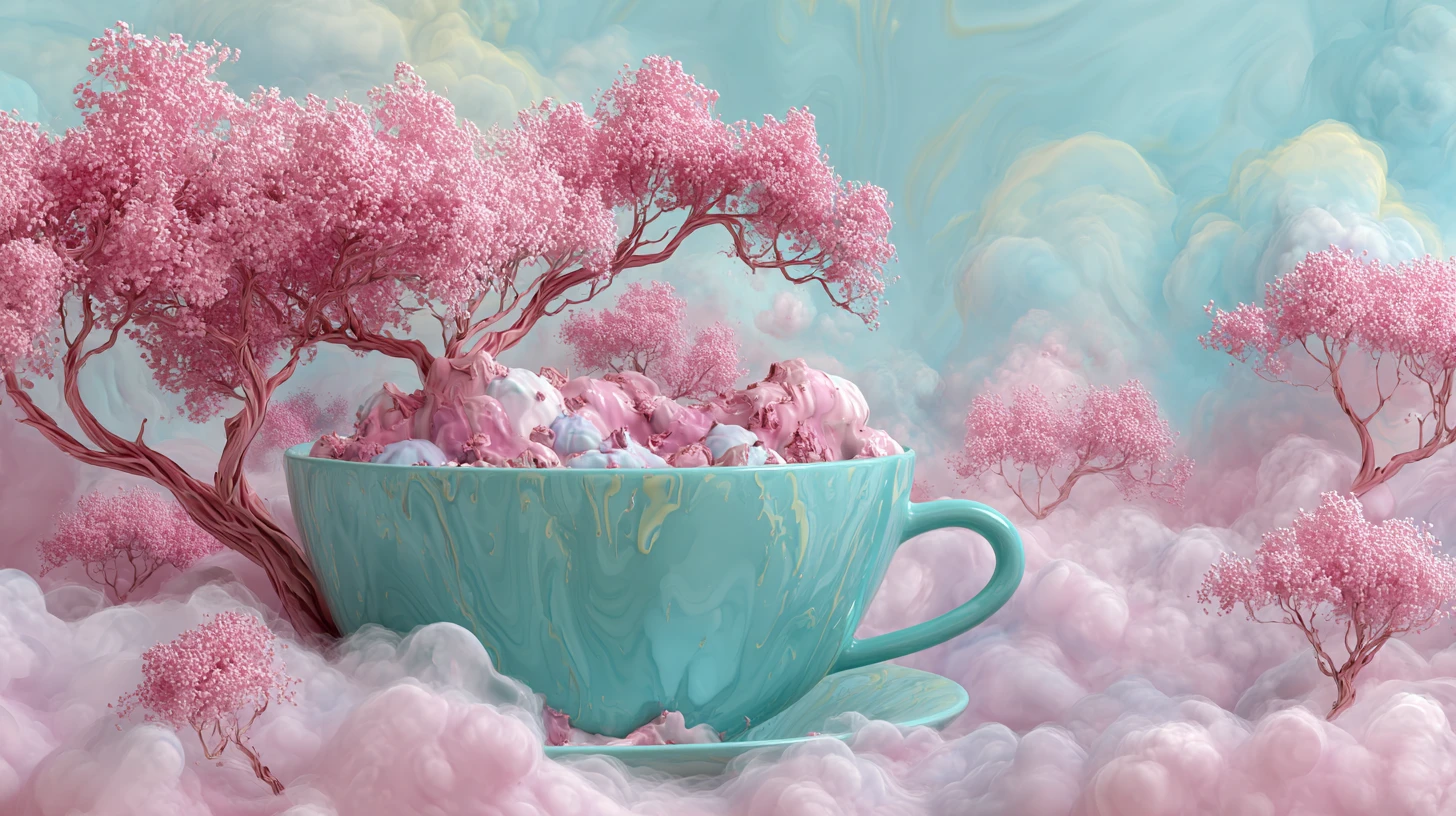 Paysage de Glace Surréaliste avec Arbres Roses Flottants