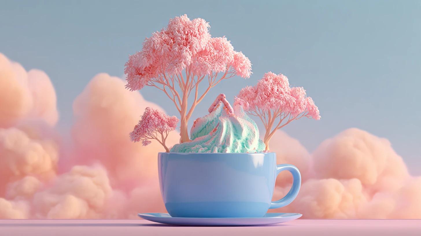 Paisagem de sobremesa surreal com árvores rosas flutuantes e nuvem