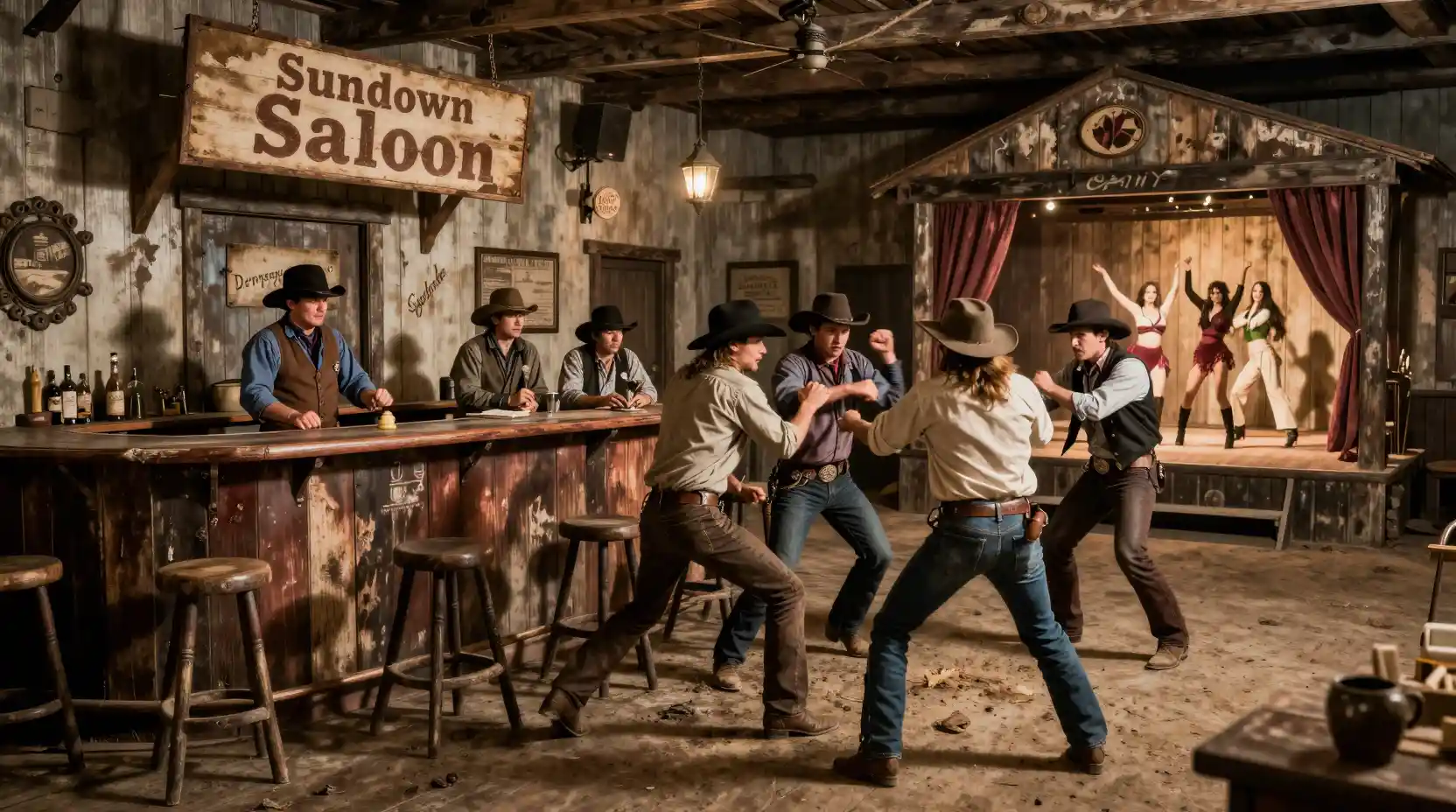 Bagarre de cow-boys dans un saloon rustique du Far West