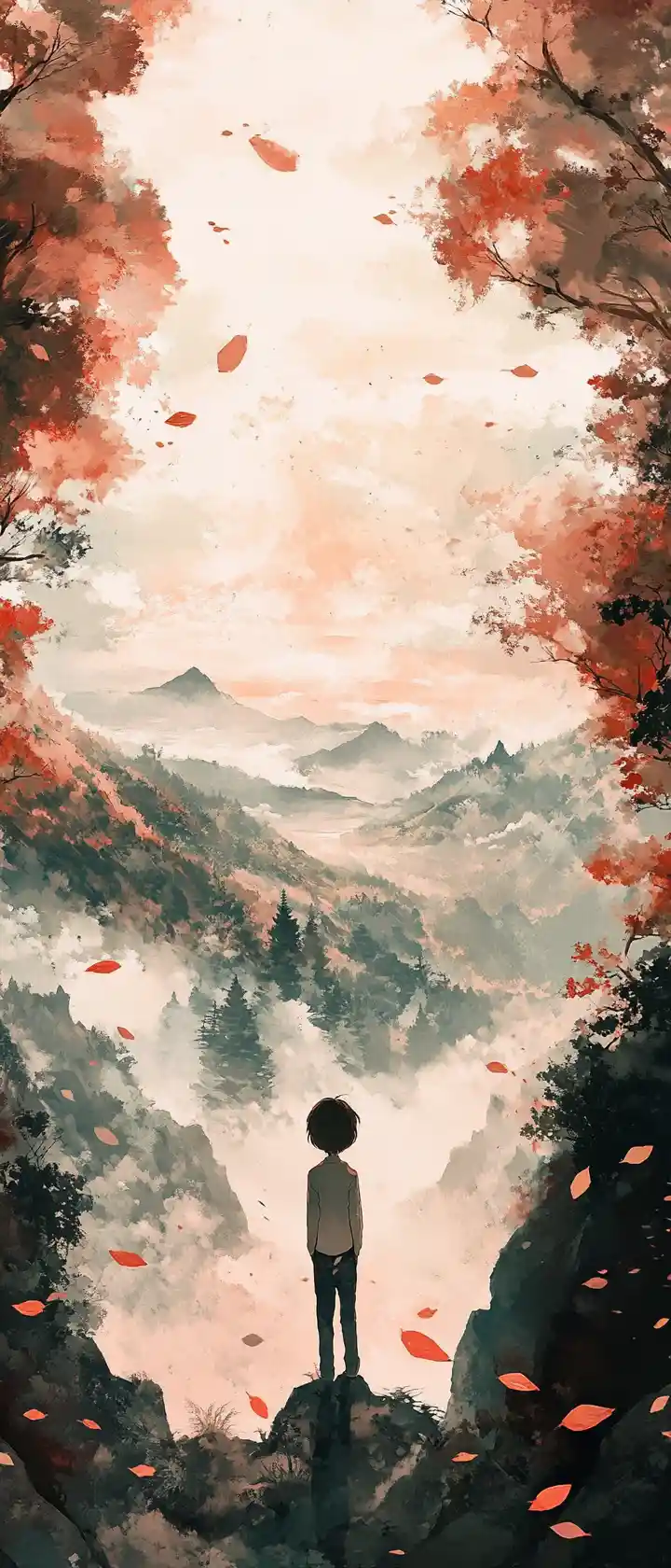 Criança em estilo anime desenhando em uma cena de paisagem abstrata serena