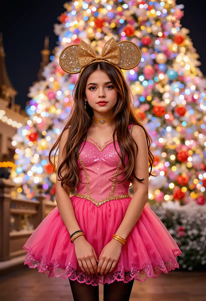 Tween boy in pink christmas dress at night
