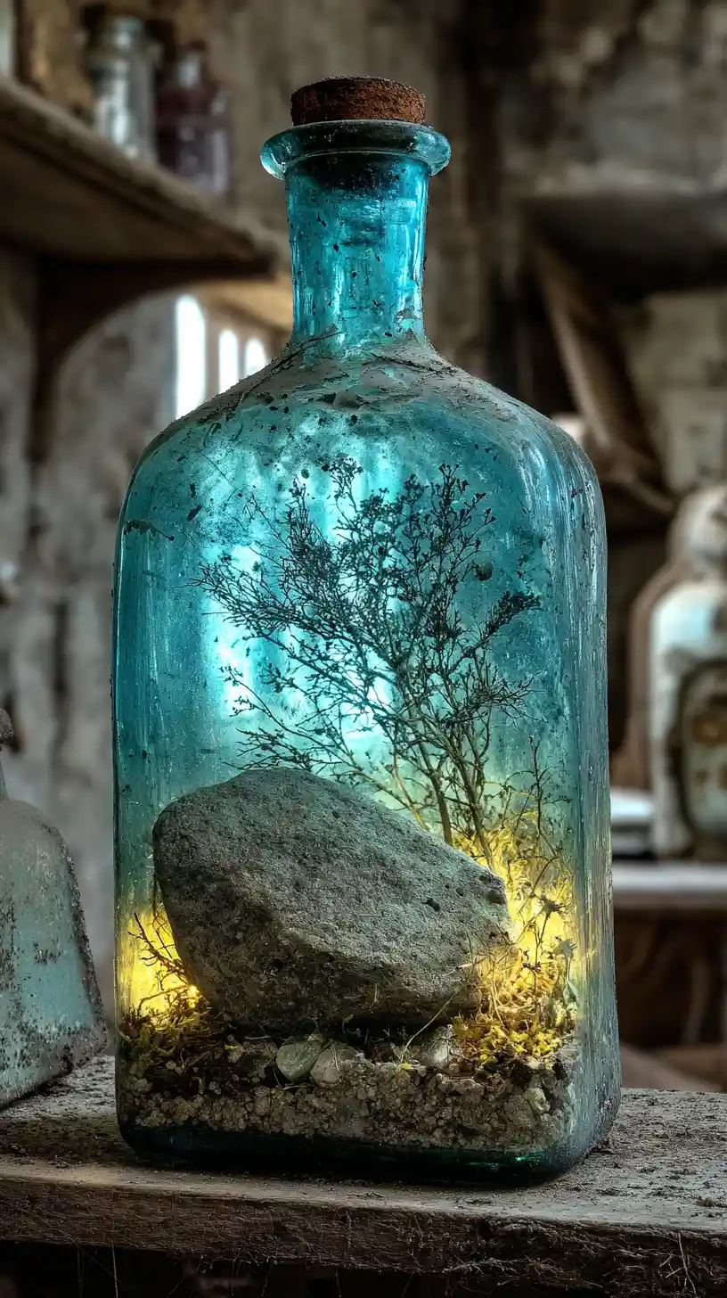 Mysterious fairy in a blue crystal bottle on a shelf