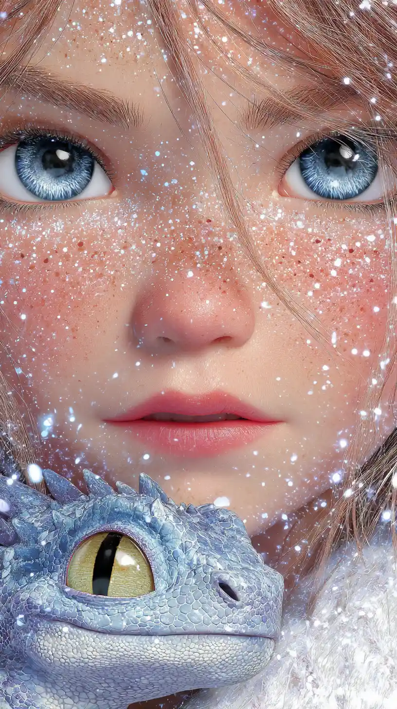 Joven chica de ojos azules con pequeño dragón compañero