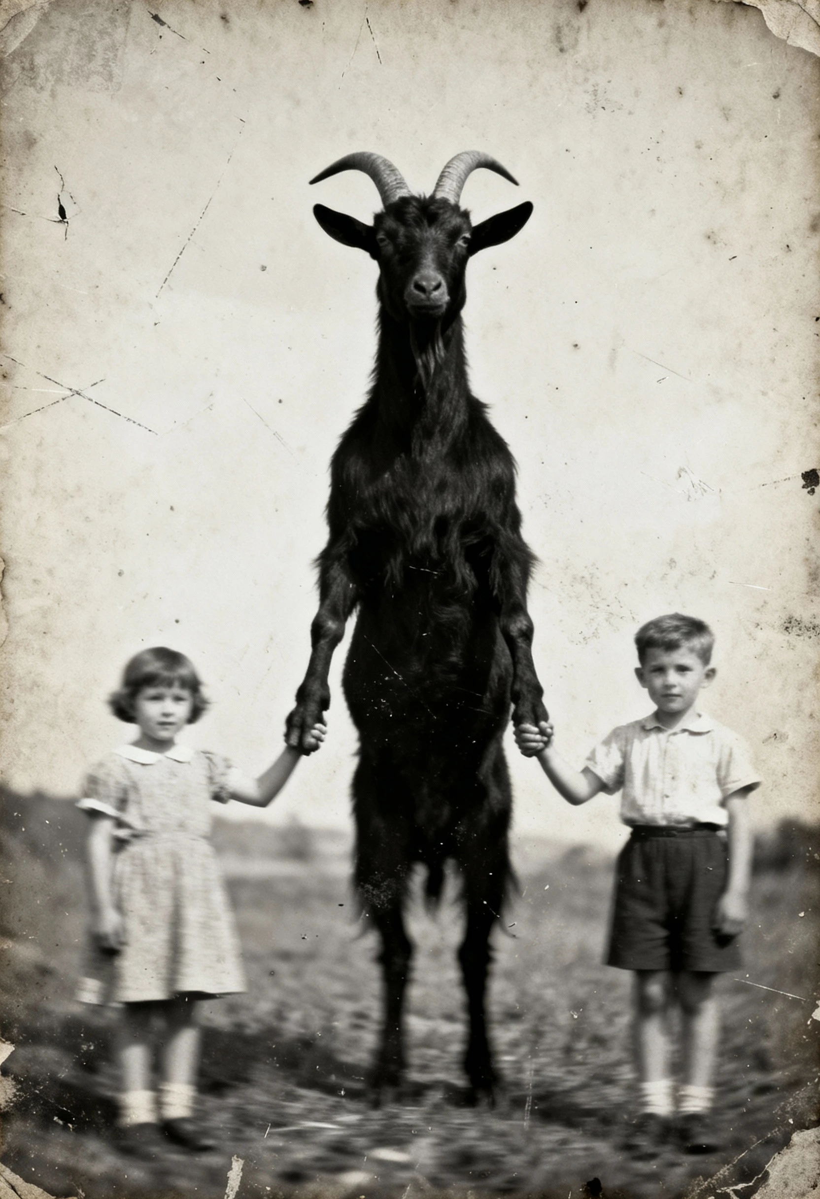 Foto vintage desfocada de crianças com figura de cabra alta