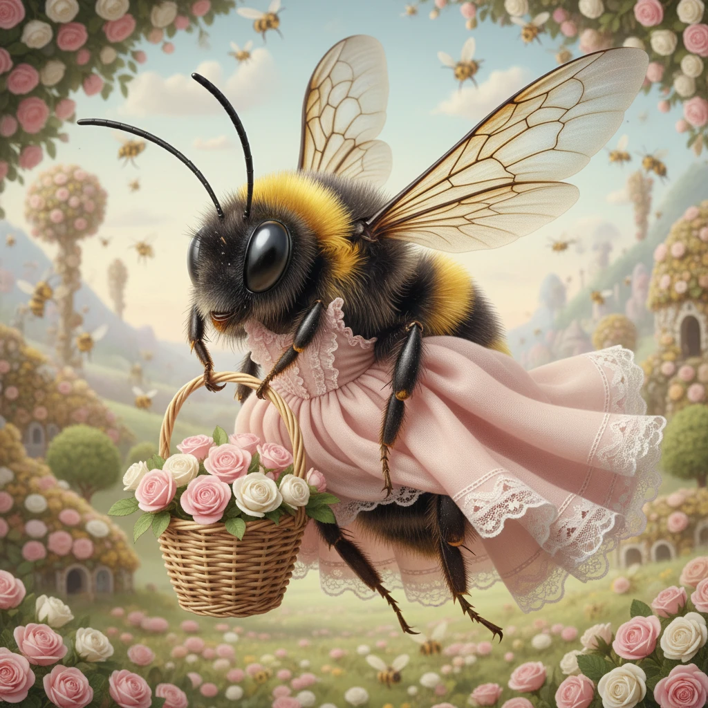 Whimsical close up of a dressed bee with flower basket