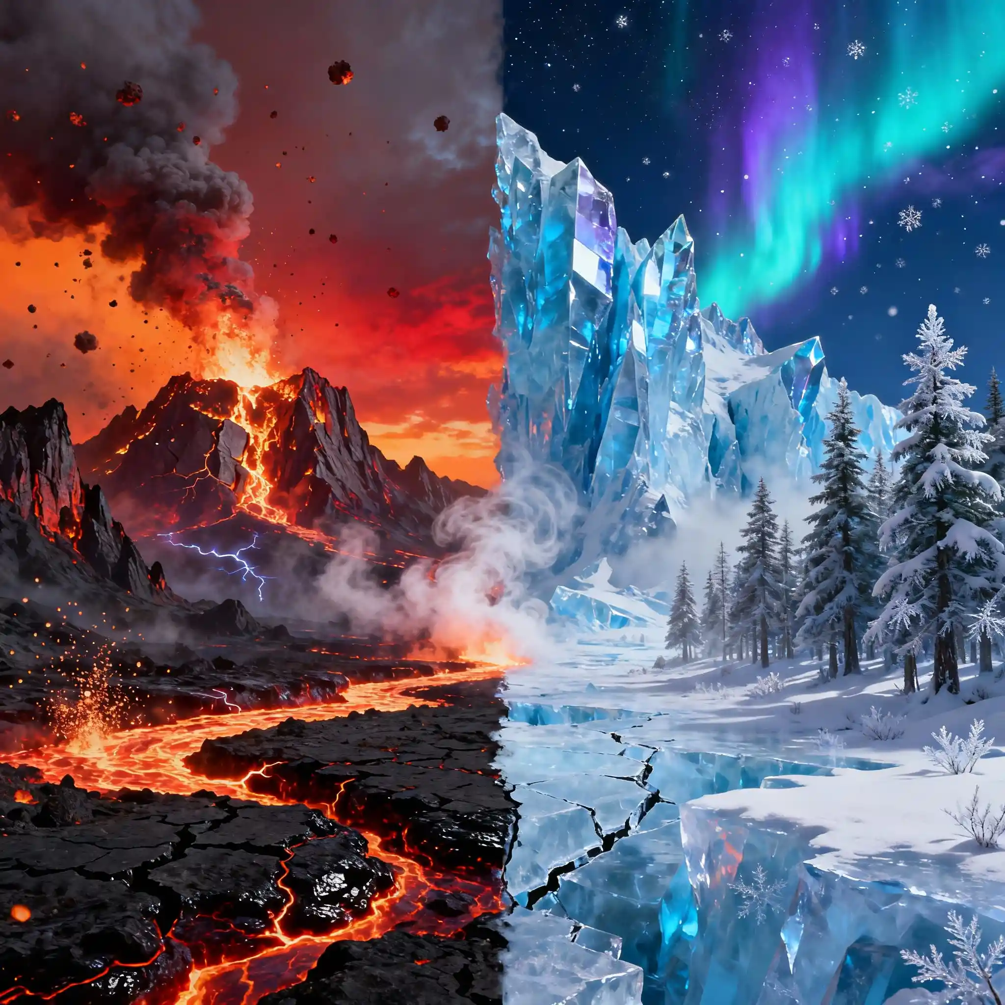 Infernal mountains under a burning red volcanic sky