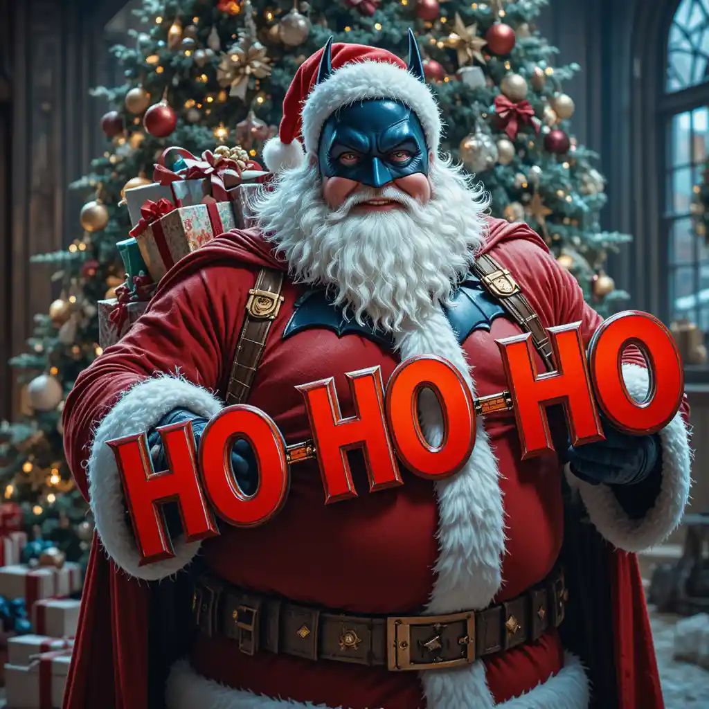 Super-héros jovial en costume de Père Noël près d’un sapin de Noël