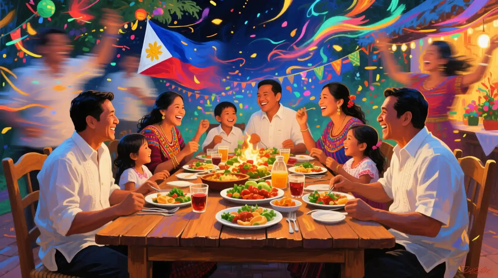 Philippinische Familie teilt ein festliches Noche-Buena-Festmahl