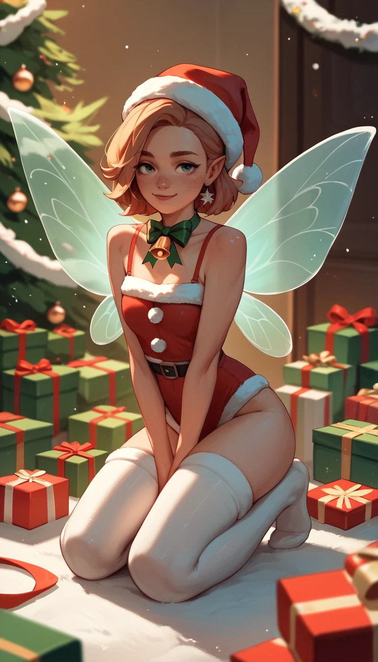 Christmas fairy sitting on a festive Merry Christmas sign