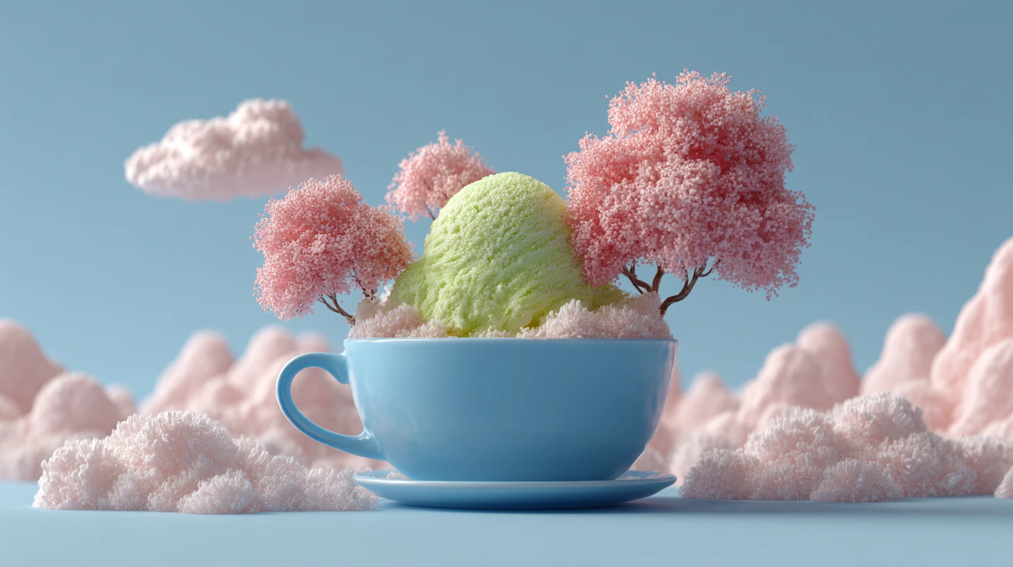 Paisagem de sobremesa surreal com sundae em xícara e árvores cor‑de‑rosa