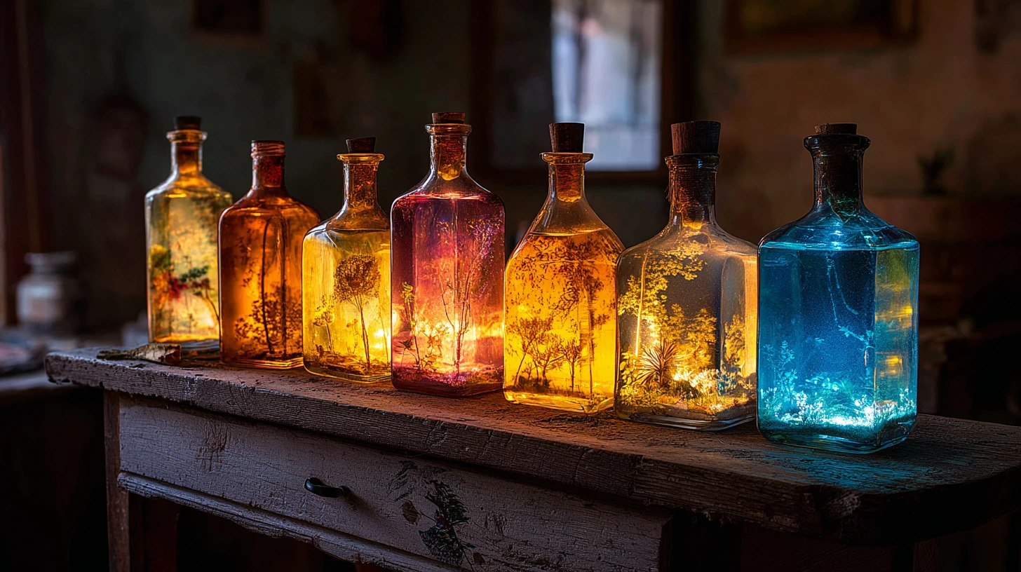 Colorful glass bottles glowing on an old wooden table