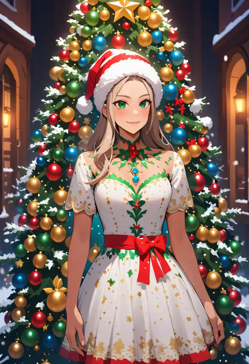 Anime-Mädchen im roten Weihnachtskleid neben leuchtendem Baum