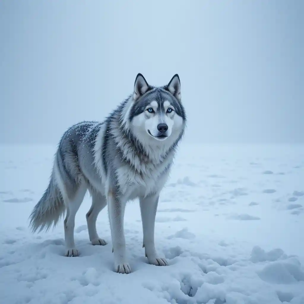 Lone husky stands in blizzard on vast frozen tundra