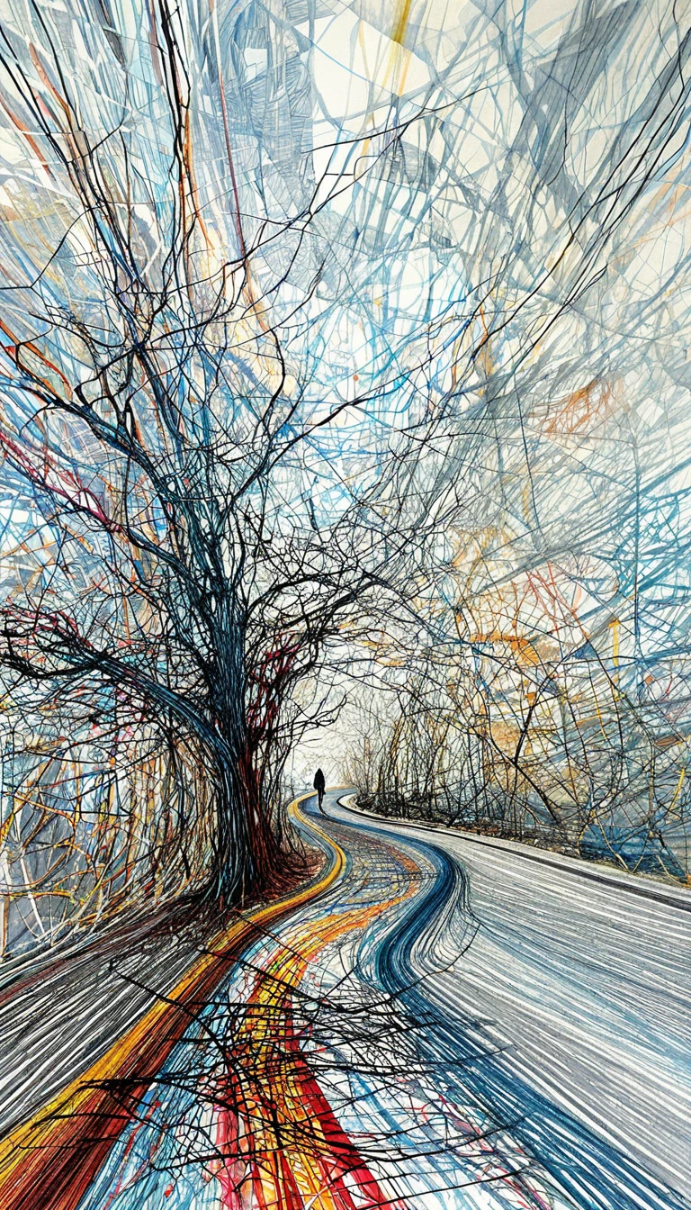 Árvore e caminho em arte linear abstrata com figura solitária