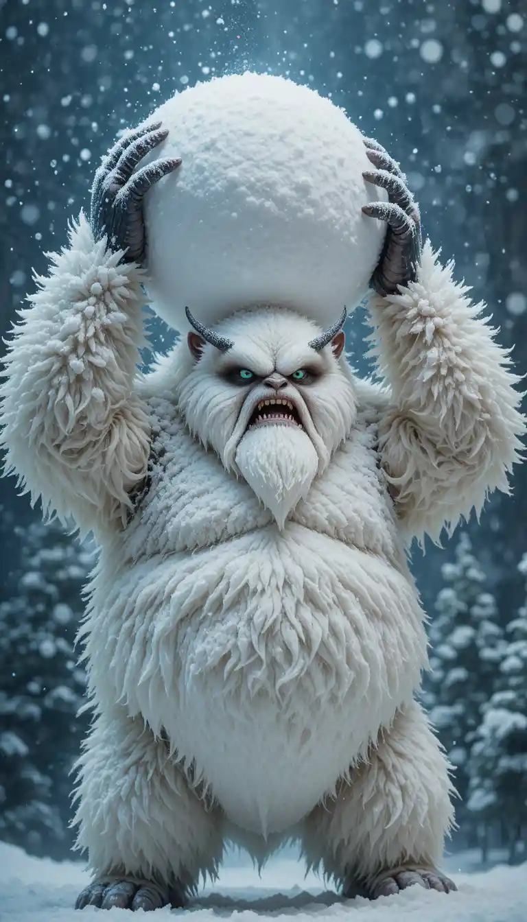 Snow covered monster lifting a giant snowball