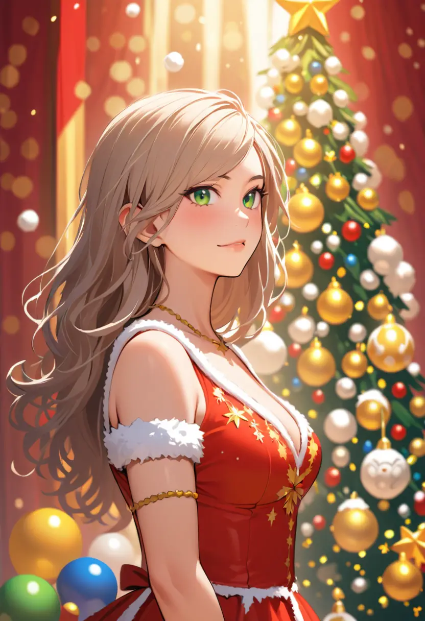 Anime woman in red christmas dress by a glowing tree