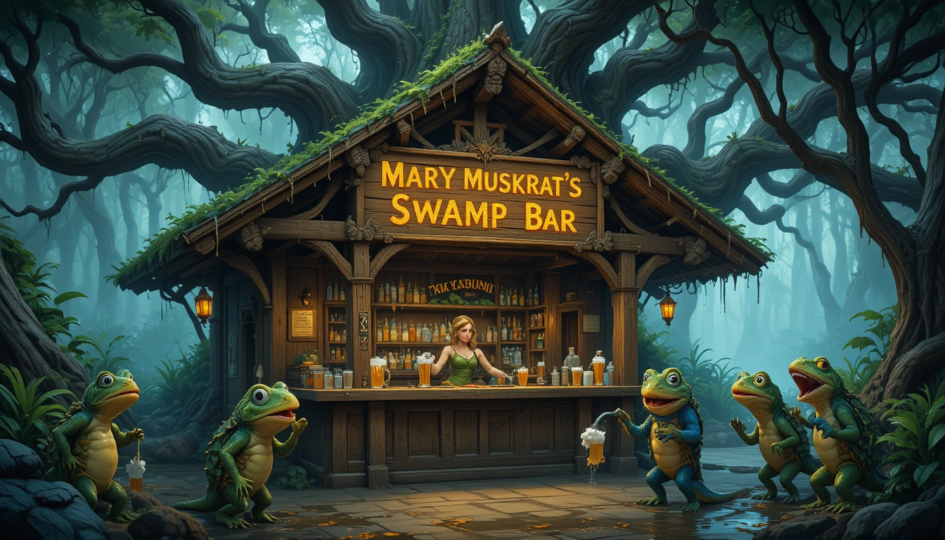 Anthropomorpher Bisamratten-Barkeeper in einer leuchtenden Sumpfbar
